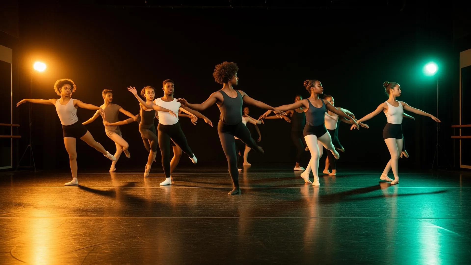 Studio 29 dancers practicing under warm studio lights